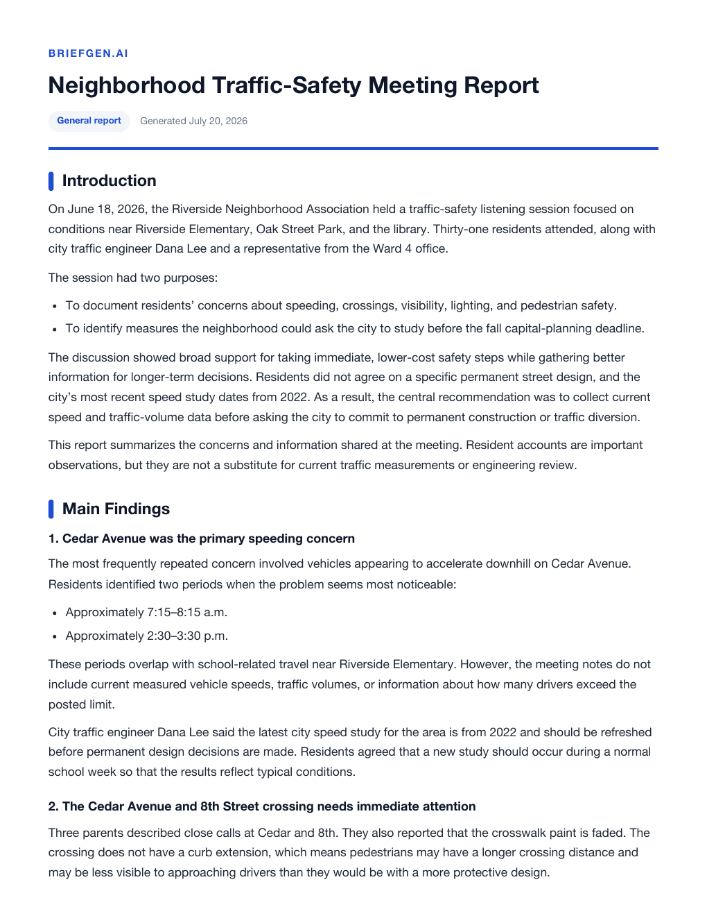 Opening page of a neighborhood traffic-safety meeting report